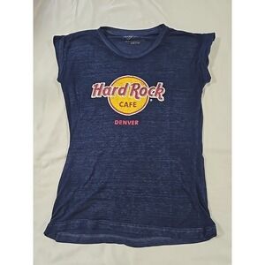 Hard Rock Cafe Denver Y2K Fitted T Shirt Blue Women's  Extra Small‎ Burn Out